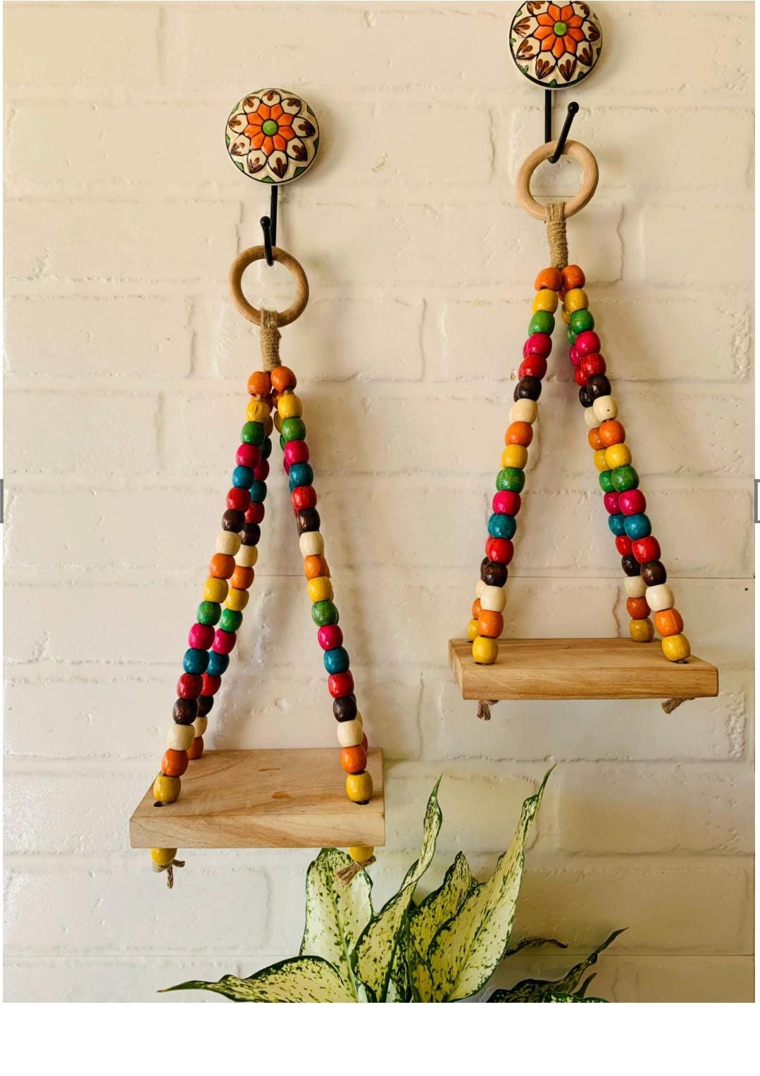 Beaded Mini Shelf with Ceramic Hooks & White Bottle - Wall Decor